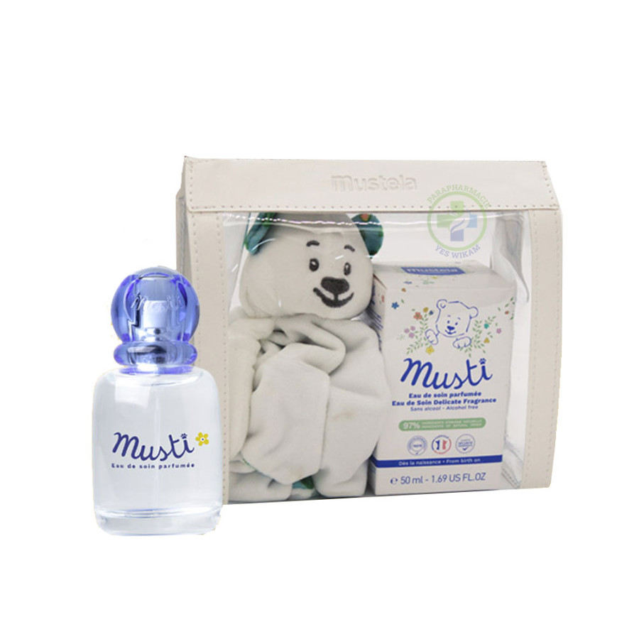 Pack Mustela - trousse transparente + Eau de parfum Musti 50ml + Doudou Ours Offert